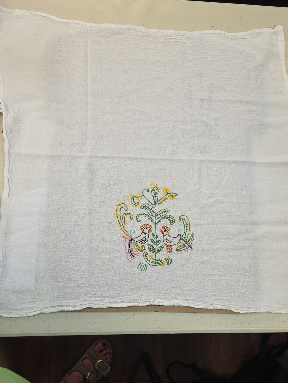 Embroidered White Cotton Kitchen Towel with Bird Motif